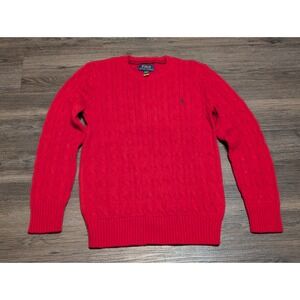 Polo Ralph Lauren Boys Red Cable Knit Cotton Crew Neck Sweater Size M 10-12